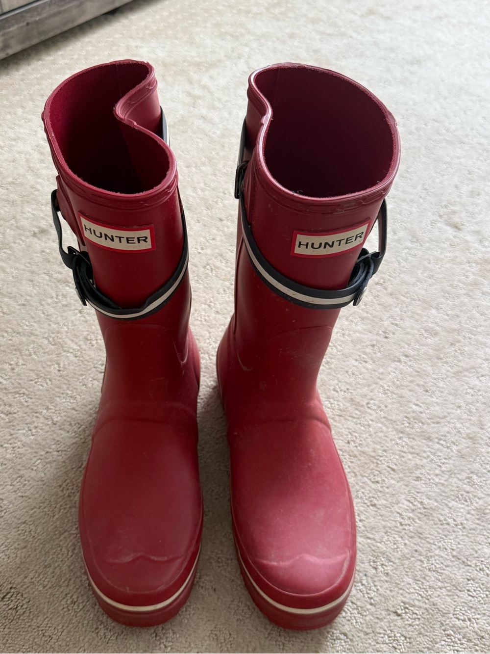Hunter Red Rain Boots with Navy Strap
